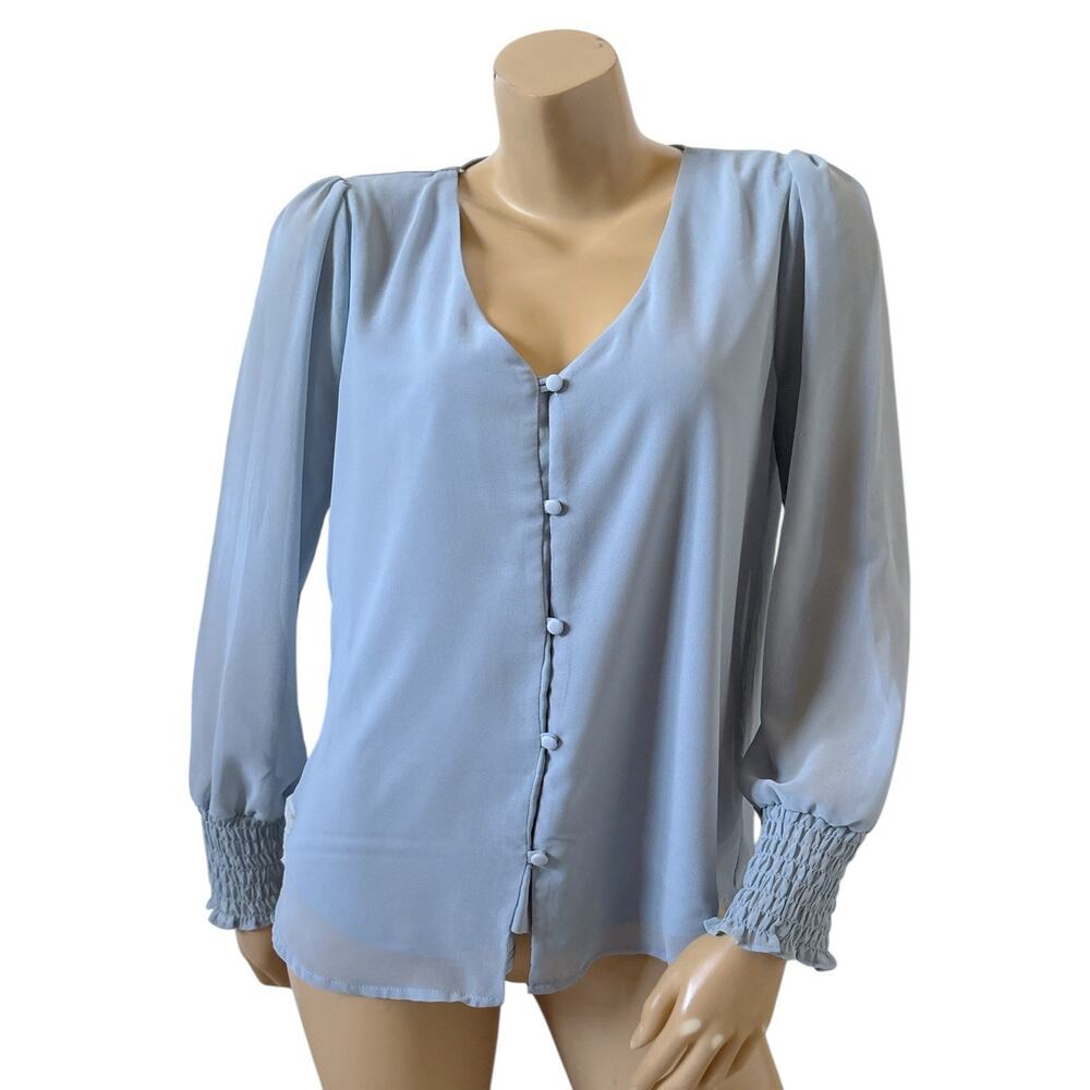OLM Blue V Neck Button Front Blouse Womens Medium Sheer Sleeve Lined Top